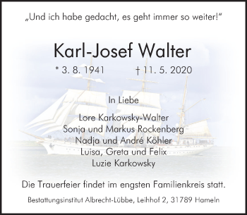 Traueranzeige von Karl-Josef Walter von Deister- und Weserzeitung