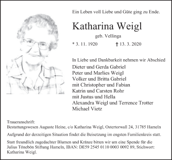 Traueranzeige von Katharina Weigl von Deister- und Weserzeitung
