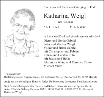 Traueranzeige von Katharina Weigl von Neue Deister-Zeitung