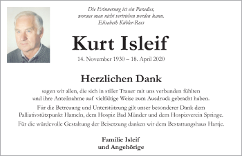 Traueranzeige von Kurt Isleif von Neue Deister-Zeitung