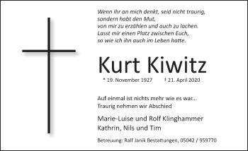 Traueranzeige von Kurt Kiwitz von Neue Deister-Zeitung