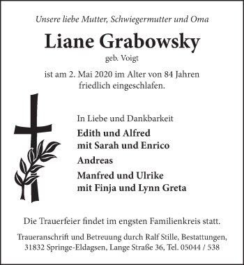 Traueranzeige von Liane Grabowsky von Neue Deister-Zeitung