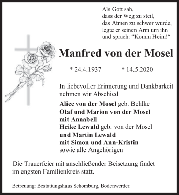 Traueranzeige von Manfred von der Mosel von Deister- und Weserzeitung