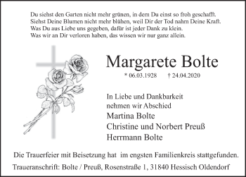 Traueranzeige von Margarete Bolte von Deister- und Weserzeitung