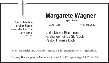 Traueranzeige von Margarete Wagner von Deister- und Weserzeitung