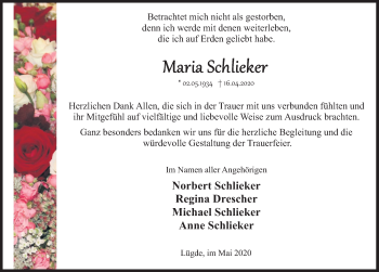 Traueranzeige von Maria Schlieker von Deister- und Weserzeitung
