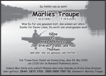 Traueranzeige von Marlies Traupe von Deister- und Weserzeitung