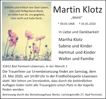 Traueranzeige von Martha Klotz von Deister- und Weserzeitung