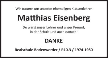 Traueranzeige von Matthias Eisenberg von Deister- und Weserzeitung