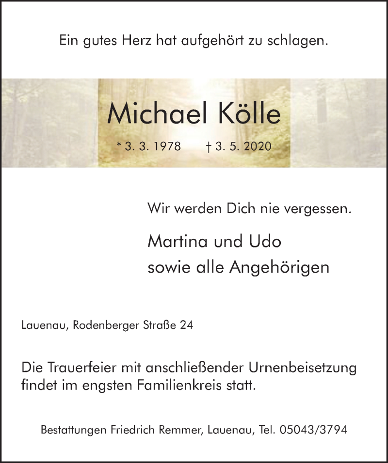 Traueranzeige für Michael Kölle vom 09.05.2020 aus Neue Deister-Zeitung