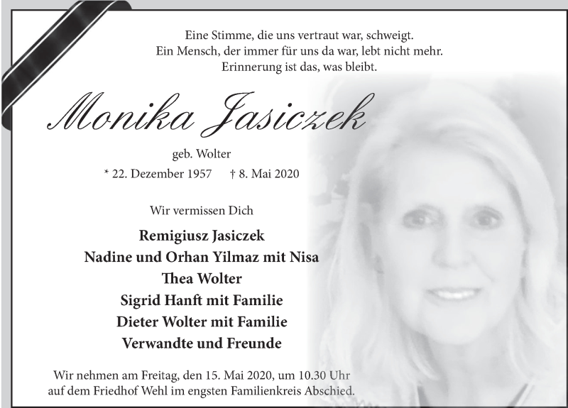  Traueranzeige für Monika Jasicz vom 13.05.2020 aus Deister- und Weserzeitung