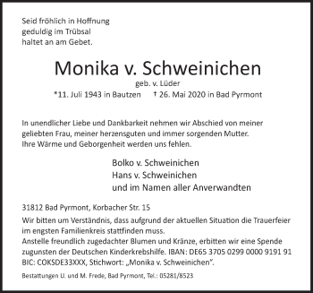 Traueranzeige von Monika v. Schweinichen von Deister- und Weserzeitung