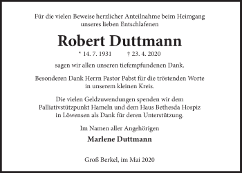 Traueranzeige von Robert Duttmann von Deister- und Weserzeitung