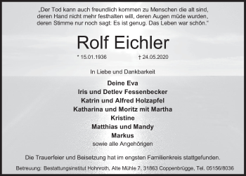 Traueranzeige von Rolf Eichler von Deister- und Weserzeitung