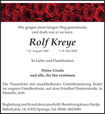 Traueranzeige von Rolf Kreye von Deister- und Weserzeitung