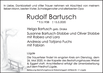 Traueranzeige von Rudolf Bartusch von Deister- und Weserzeitung