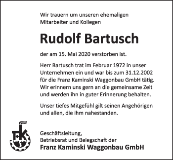 Traueranzeige von Rudolf Bartusch von Deister- und Weserzeitung