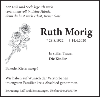 Traueranzeige von Ruth Morig von Neue Deister-Zeitung