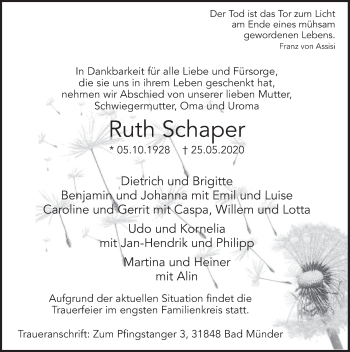 Traueranzeige von Ruth Schaper von Deister- und Weserzeitung