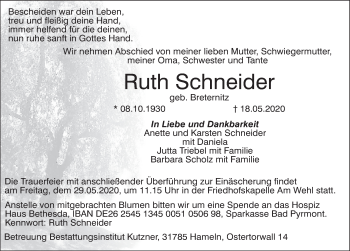 Traueranzeige von Ruth Schneider von Deister- und Weserzeitung