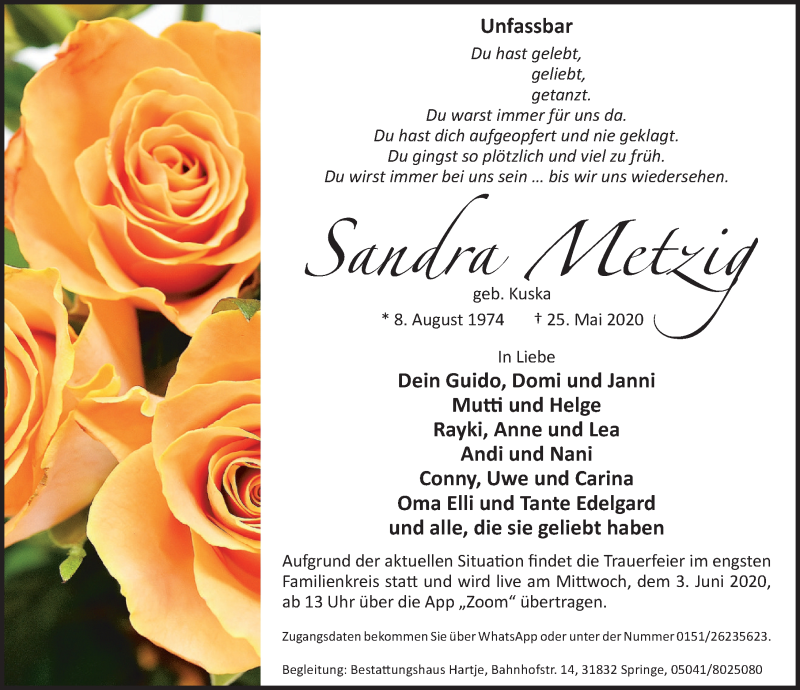  Traueranzeige für Sandra Metzig vom 30.05.2020 aus Neue Deister-Zeitung