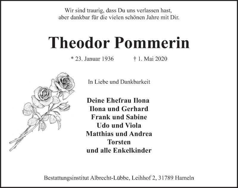  Traueranzeige für Theodor Pommerin vom 09.05.2020 aus Deister- und Weserzeitung