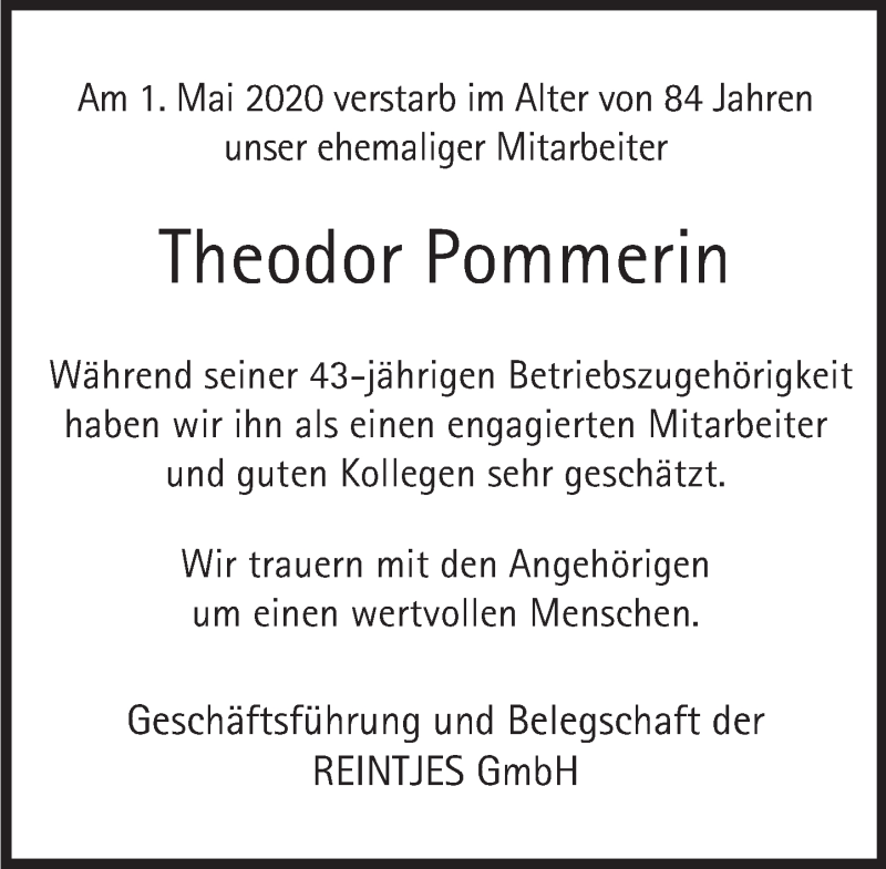  Traueranzeige für Theodor Pommerin vom 14.05.2020 aus Deister- und Weserzeitung
