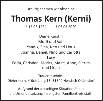 Traueranzeige von Thomas Kern von Deister- und Weserzeitung