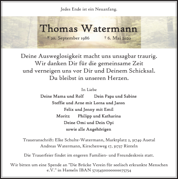 Traueranzeige von Thomas Watermann von Deister- und Weserzeitung