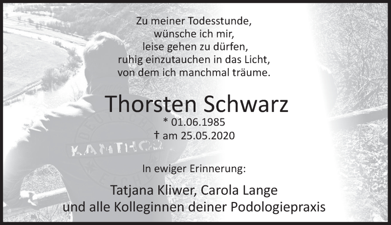  Traueranzeige für Thorsten Schwarz vom 30.05.2020 aus Deister- und Weserzeitung