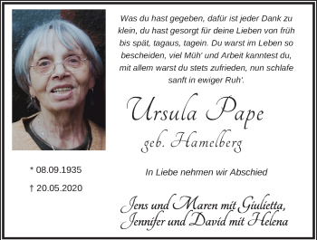 Traueranzeige von Ursula Pape von Neue Deister-Zeitung