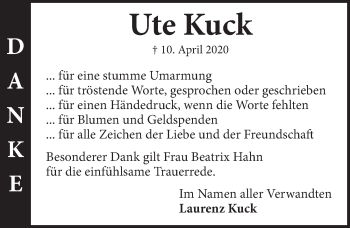Traueranzeige von Ute Kuck von Neue Deister-Zeitung