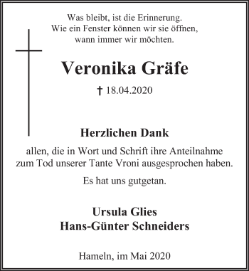 Traueranzeige von Veronika Gräfe von Deister- und Weserzeitung