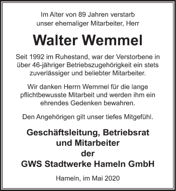 Traueranzeige von Walter Wemmel von Deister- und Weserzeitung