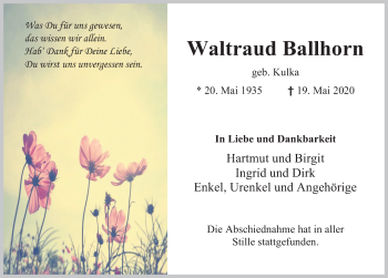 Traueranzeige von Waltraud Ballhorn von Deister- und Weserzeitung