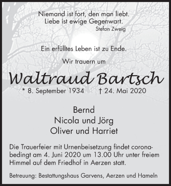 Traueranzeige von Waltraud Bartsch von Deister- und Weserzeitung