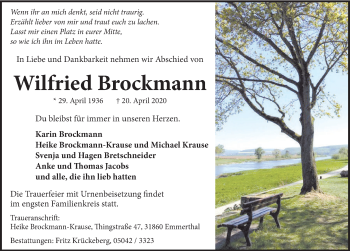 Traueranzeige von Wilfried Brockmann von Deister- und Weserzeitung