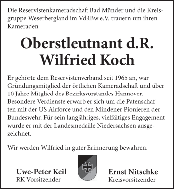 Traueranzeige von Wilfried Koch von Neue Deister-Zeitung