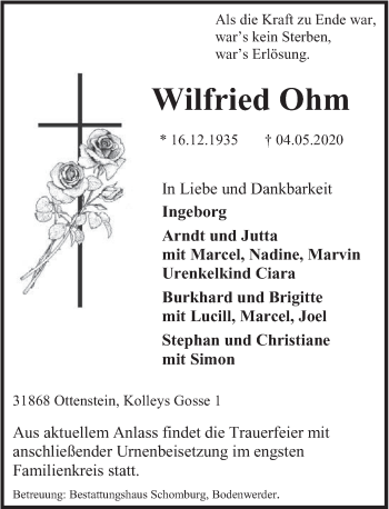 Traueranzeige von Wilfried Ohm von Deister- und Weserzeitung
