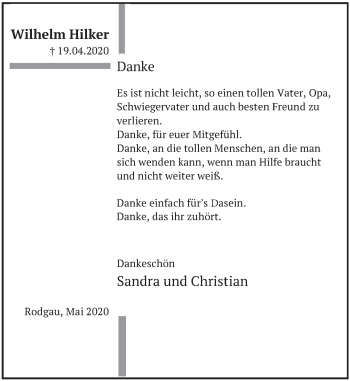 Traueranzeige von Wilhelm Hilker von Deister- und Weserzeitung