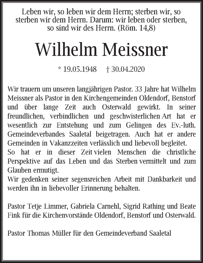  Traueranzeige für Wilhelm Meissner vom 09.05.2020 aus Deister- und Weserzeitung