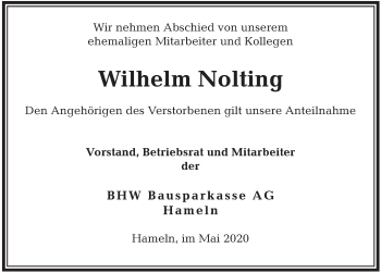 Traueranzeige von Wilhelm Nolting von Deister- und Weserzeitung