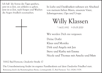 Traueranzeige von Willy Klassen von Deister- und Weserzeitung
