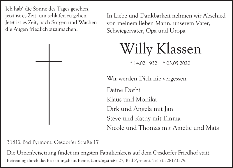  Traueranzeige für Willy Klassen vom 09.05.2020 aus Deister- und Weserzeitung