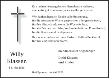 Traueranzeige von Willy Klassen von Deister- und Weserzeitung