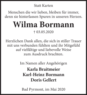 Traueranzeige von Wilma Bormann von Deister- und Weserzeitung