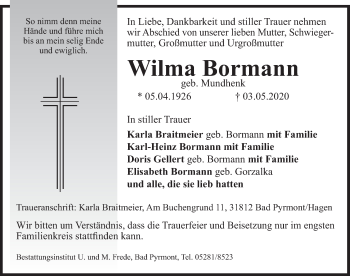 Traueranzeige von Wilma Bormann von Deister- und Weserzeitung