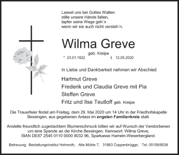 Traueranzeige von Wilma Greve von Deister- und Weserzeitung