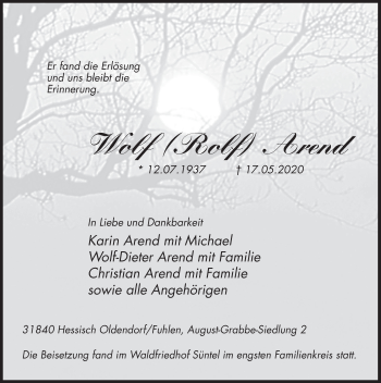 Traueranzeige von Wolf Arend von Deister- und Weserzeitung