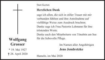 Traueranzeige von Wolfgang Grosser von Deister- und Weserzeitung